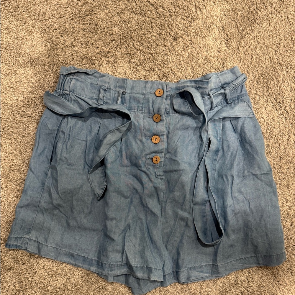 Casual Blue Paperbag Waist Women's Shorts with Tie